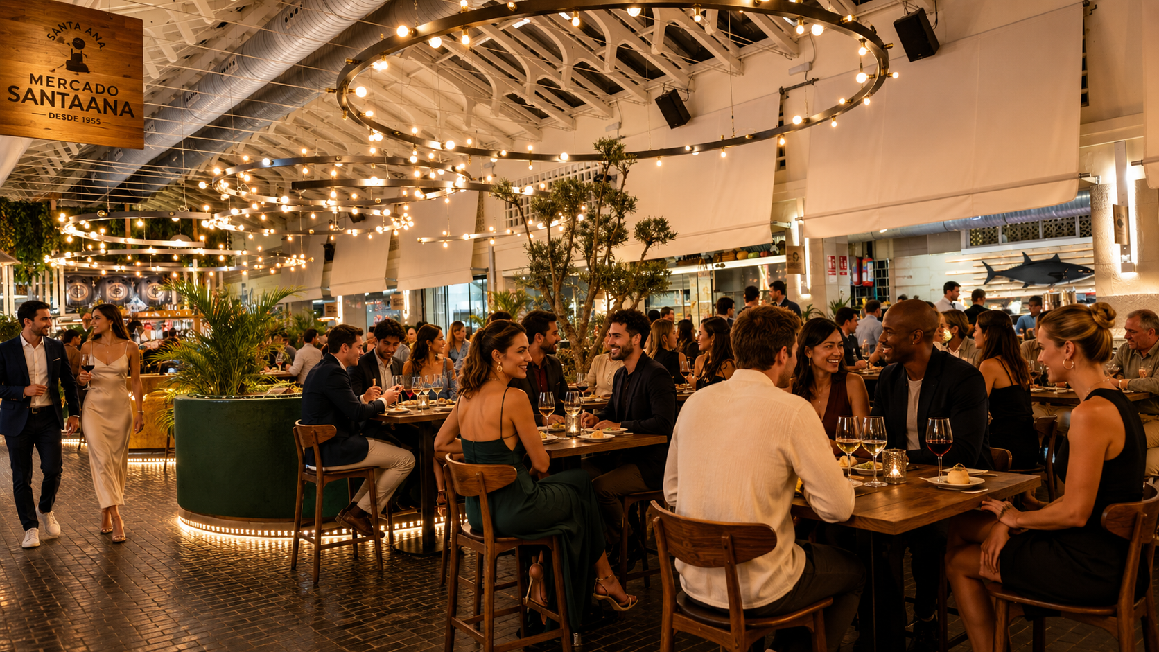 Ambiente social y mesas compartidas en Mercado SantaAna